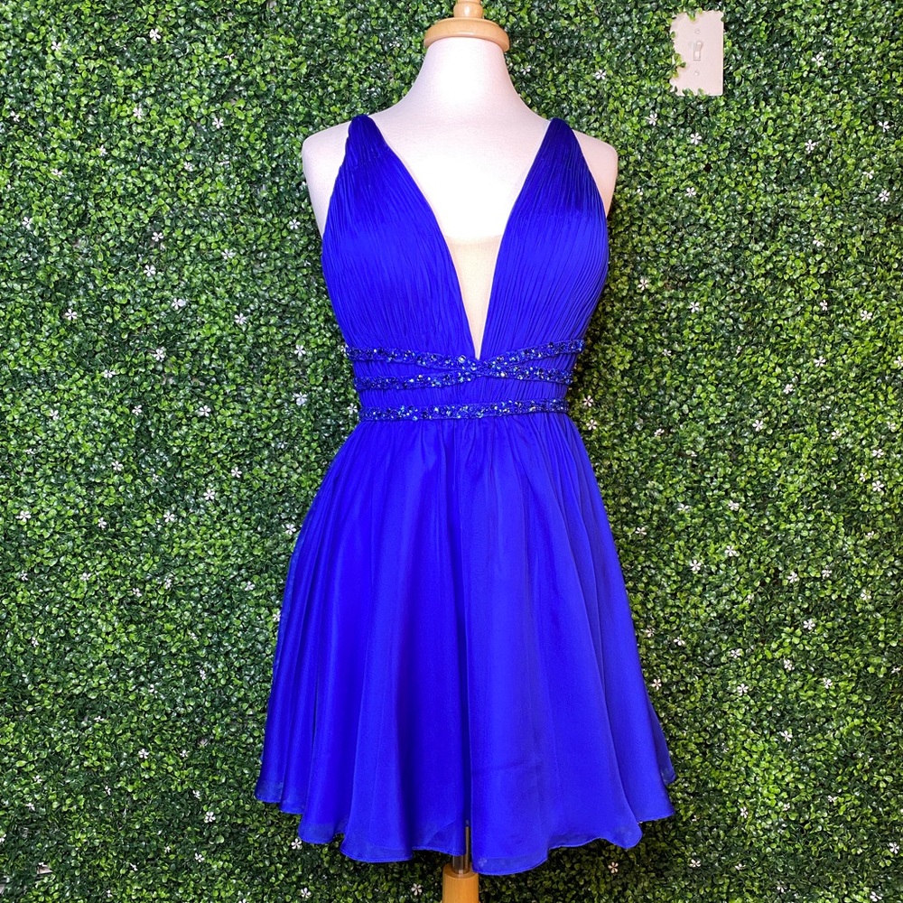 Rachel Allan 4624 ROYAL BLUE short homecoming dress HOCO size14 chiffon sequined